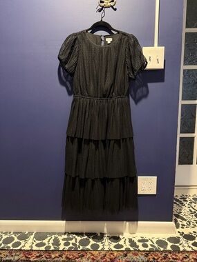 J. Crew Black Tiered Midi Dress with Puff Sleeves